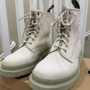 Doc Martens women’s 1460 milled nubuck leather boots, parchment beige color